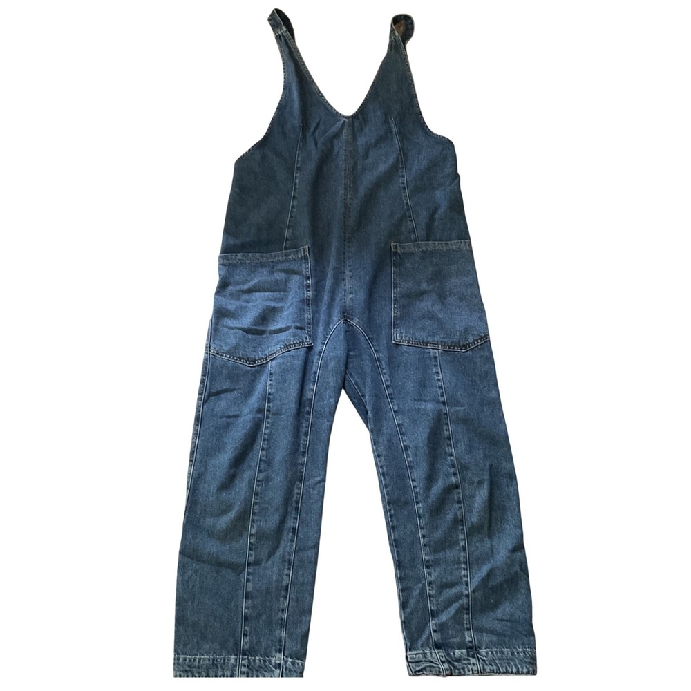 Womens Blue Denim Wide Leg Overalls V-Neck Bib Jumpsuit Medium Wash 1518